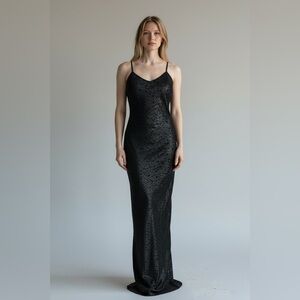 Vintage Y2K Poleci Black Slip Dress Sequin Detail Maxi Glam Grunge Revival